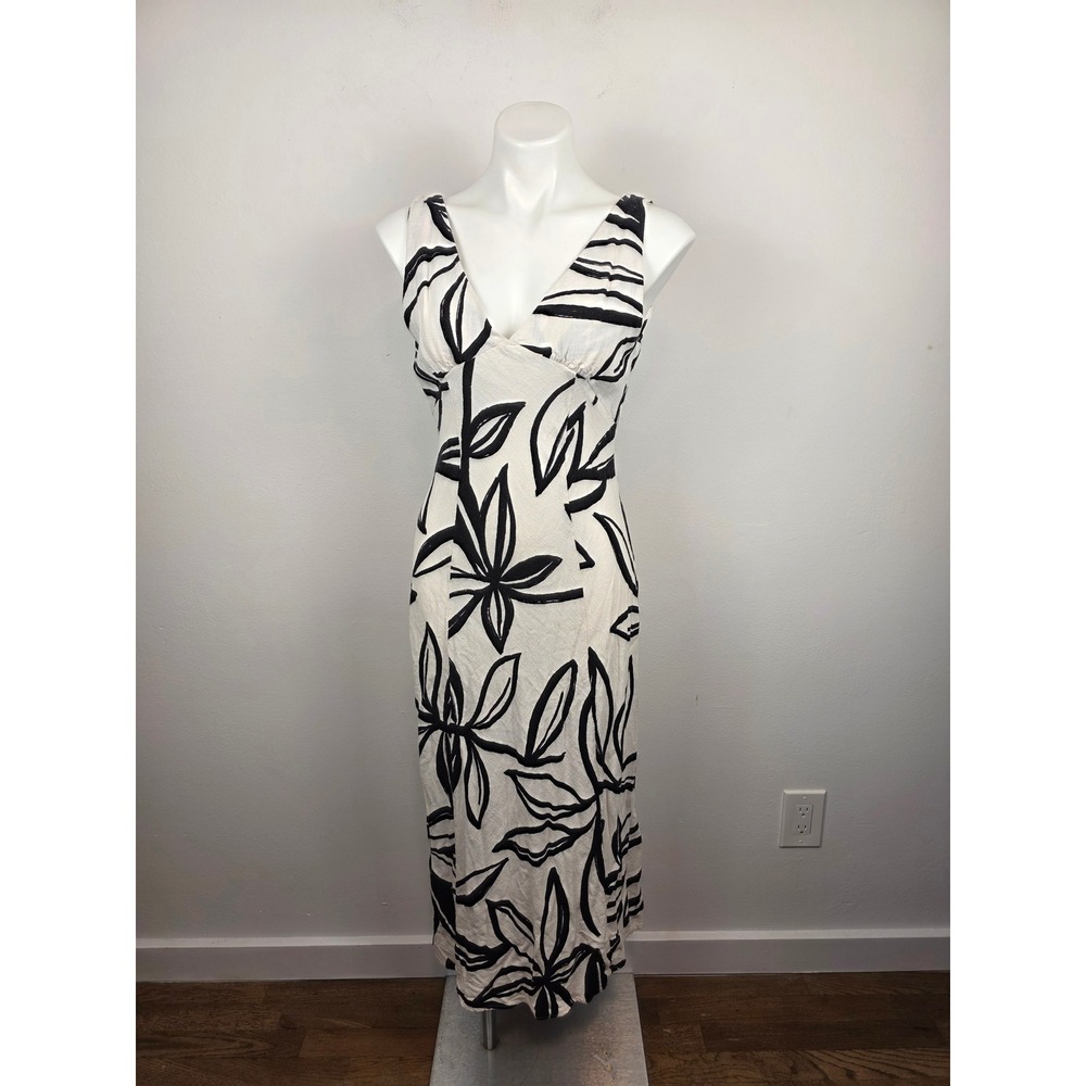 Paper Heart Womens White Black Botanical Leaf Print Linen Blend Maxi Dress M